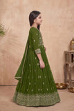 Girls Olive Green Silk Blend Ethnic Gown With Embroidered Neckline And Dupatta