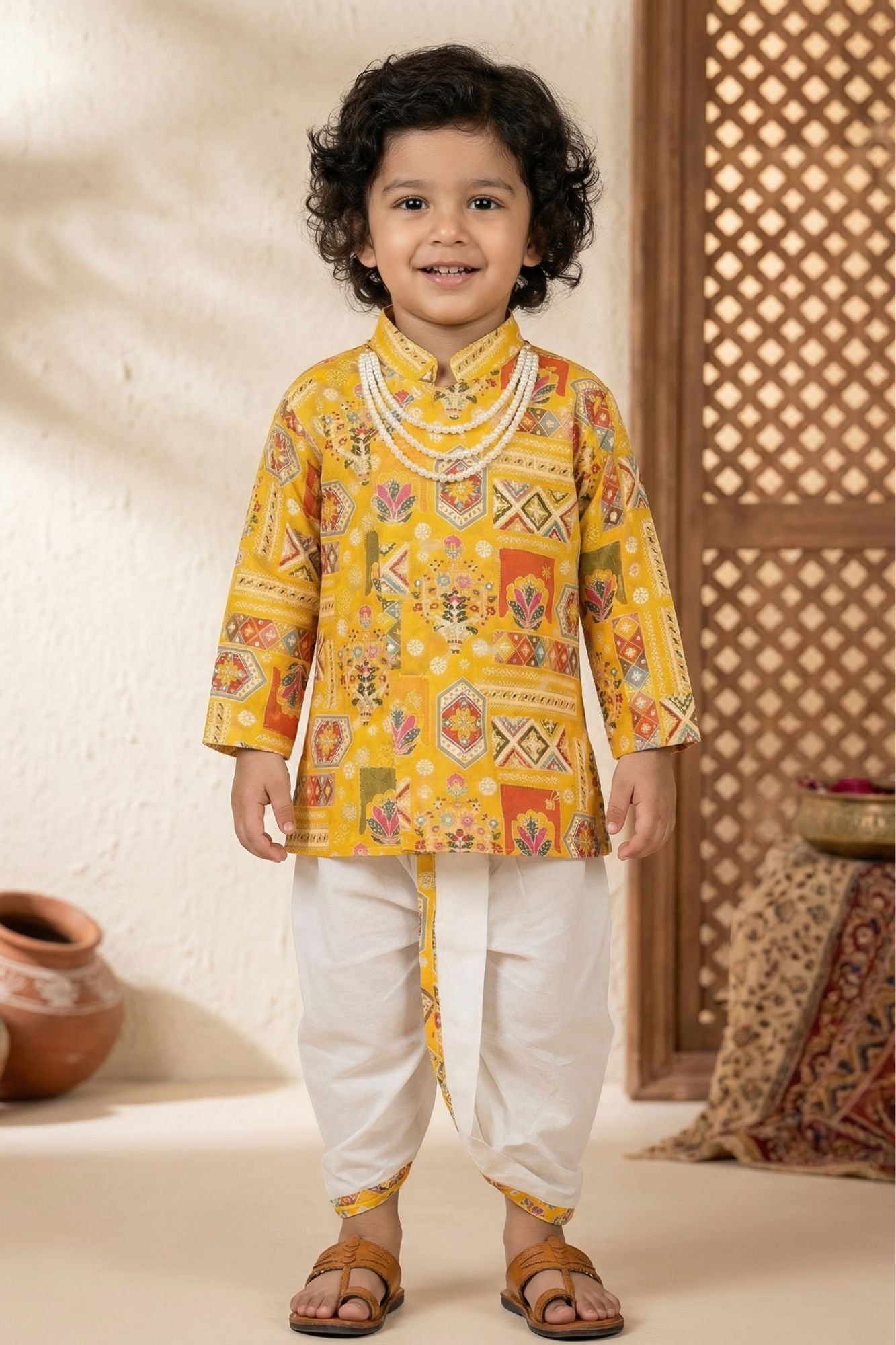 Boys Yellow Printed Cotton Dhoti Set With Mandarin Collar Kurta