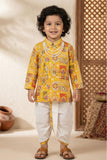 Boys Yellow Printed Cotton Dhoti Set With Mandarin Collar Kurta