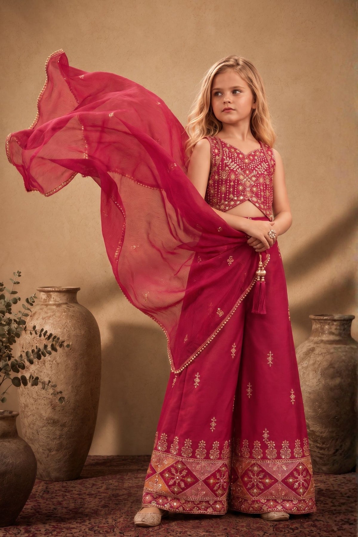 Girls Rani Pink Embroidered Palazzo Set With Dupatta
