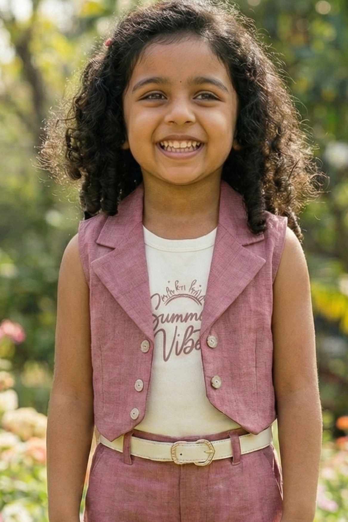 Pink Co-ord Set with Waistcoat And Belted Pants For Girls