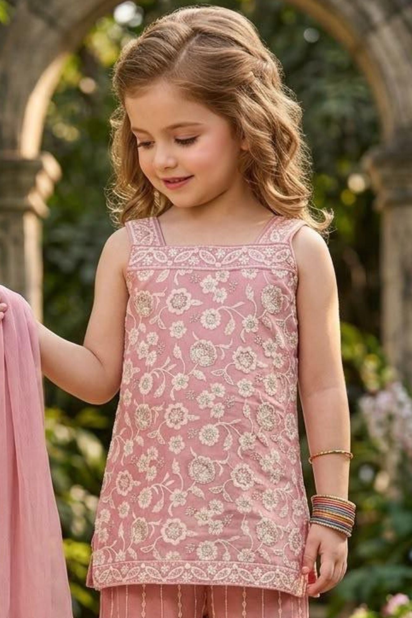 Girls Dusty Pink Floral Embroidered Palazzo Set With Dupatta