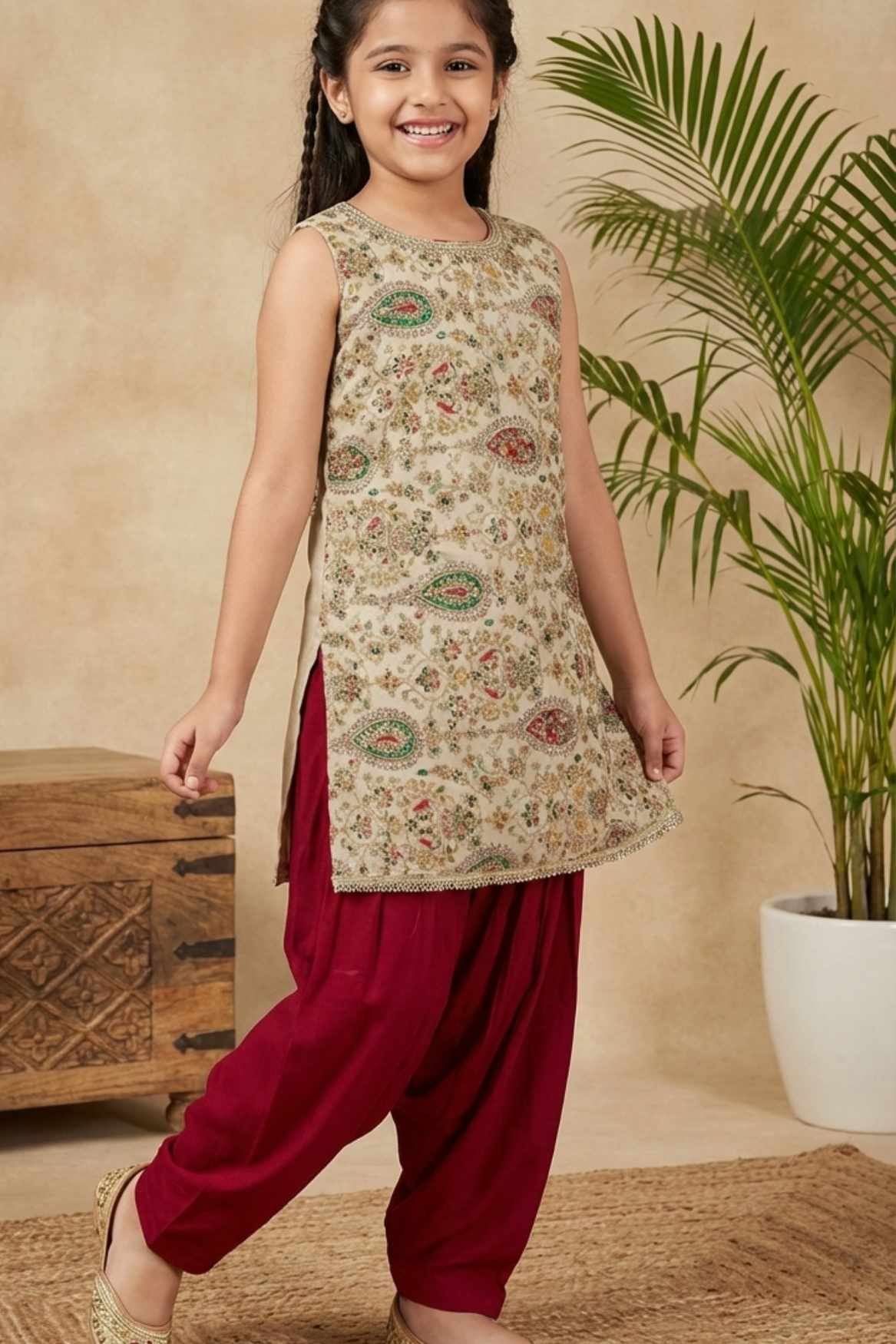 Cream Embroidered Kurti with Orange Patiala Set for Girls