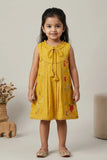 Girls Mustard Embroidered Dress with Tie-Up Neck