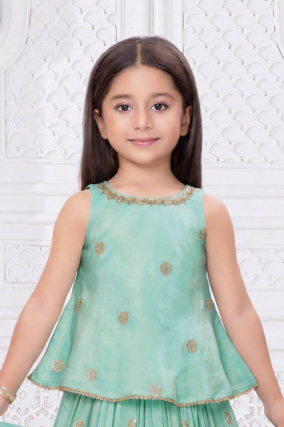 Girls Elegant Aqua Green With Gold Embroidered Lehenga Choli Set