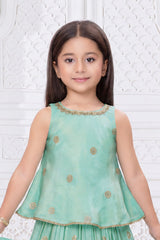 Girls Elegant Aqua Green With Gold Embroidered Lehenga Choli Set