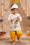 Boys Mustard Yellow And Ivory Krishna Printed Dhoti Set with Accessories