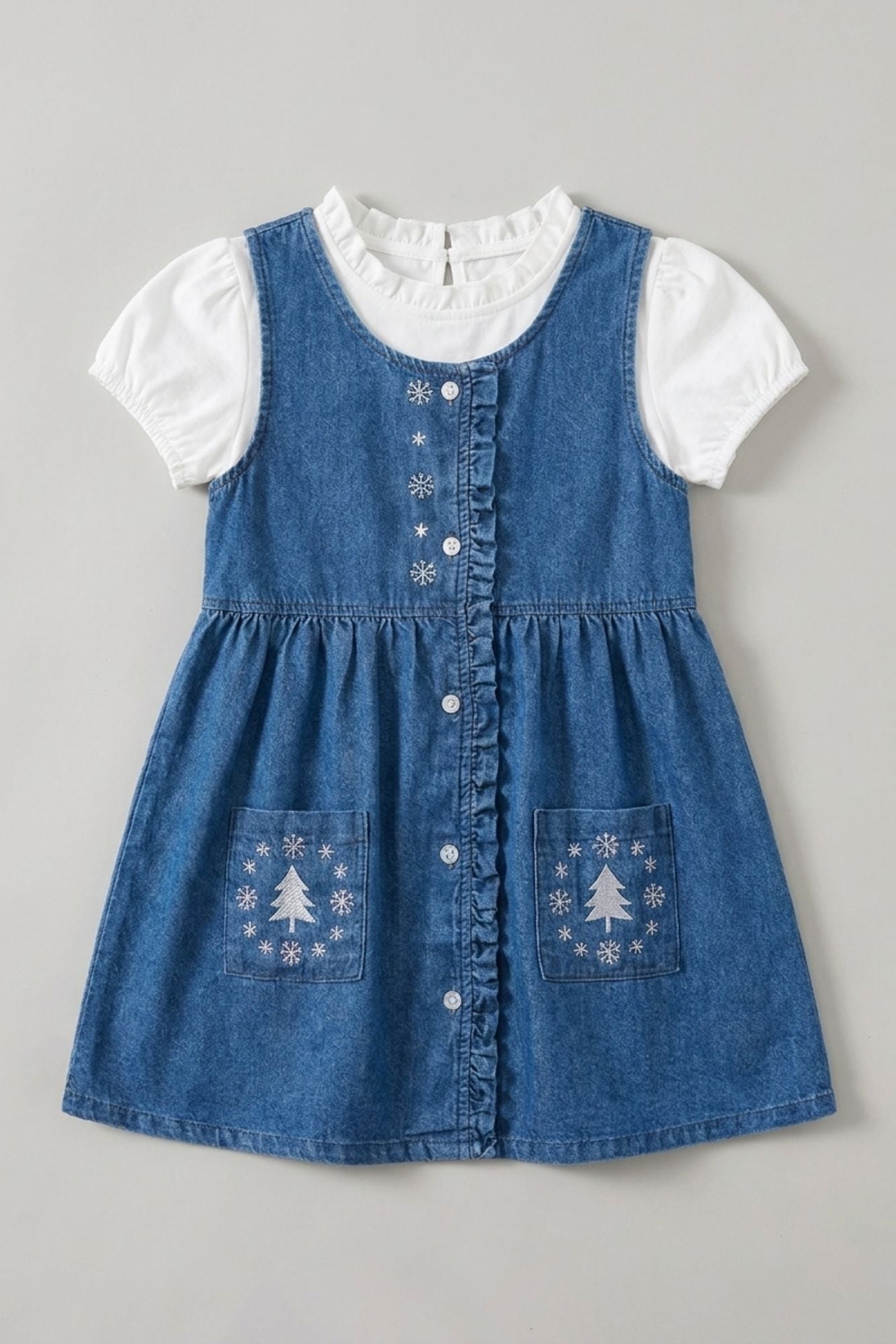 Girls Blue Denim Embroidered Fit And Flare Dress With White Top