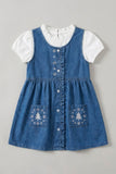Girls Blue Denim Embroidered Fit And Flare Dress With White Top