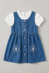 Girls Blue Denim Embroidered Fit And Flare Dress With White Top
