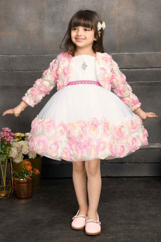 White Frock With Pink Floral Embellished For Girls