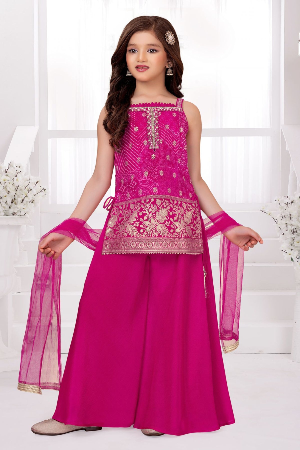 Rani Pink Bandhani Brocade Mirror Work Palazzo Set with Dupatta For Girls