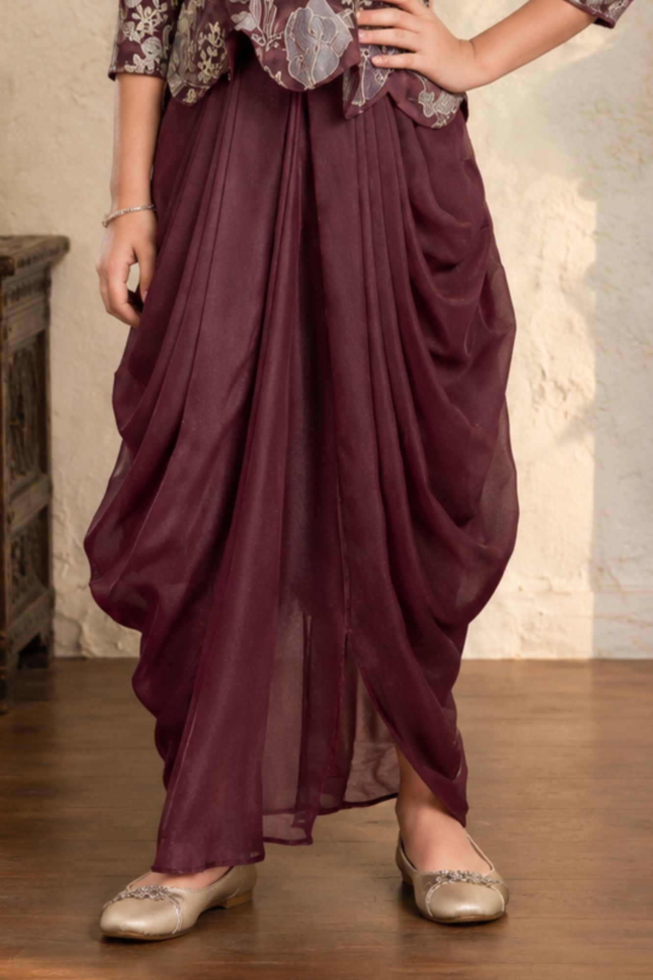 Girls Wine Floral Embroidered Top With Dhoti Skirt Set