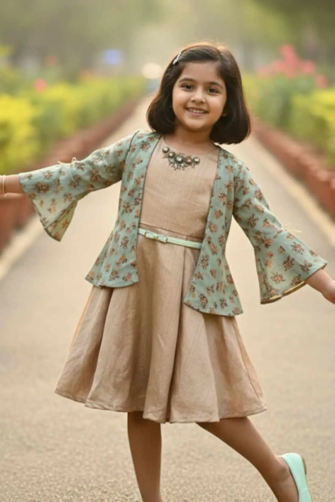 Fawn Dress With Printed Jacket For Girls