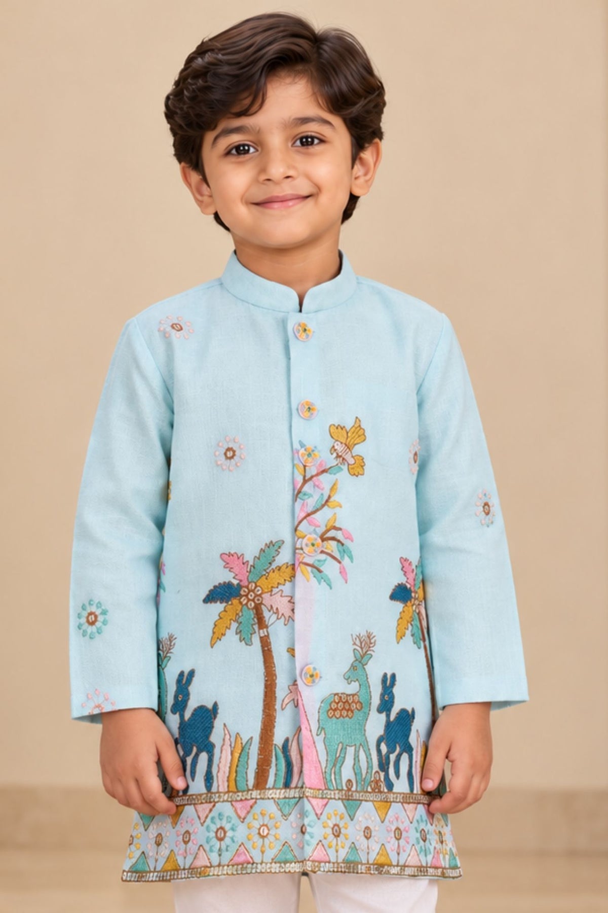Boys Light Blue Embroidered Kurta Pant Set