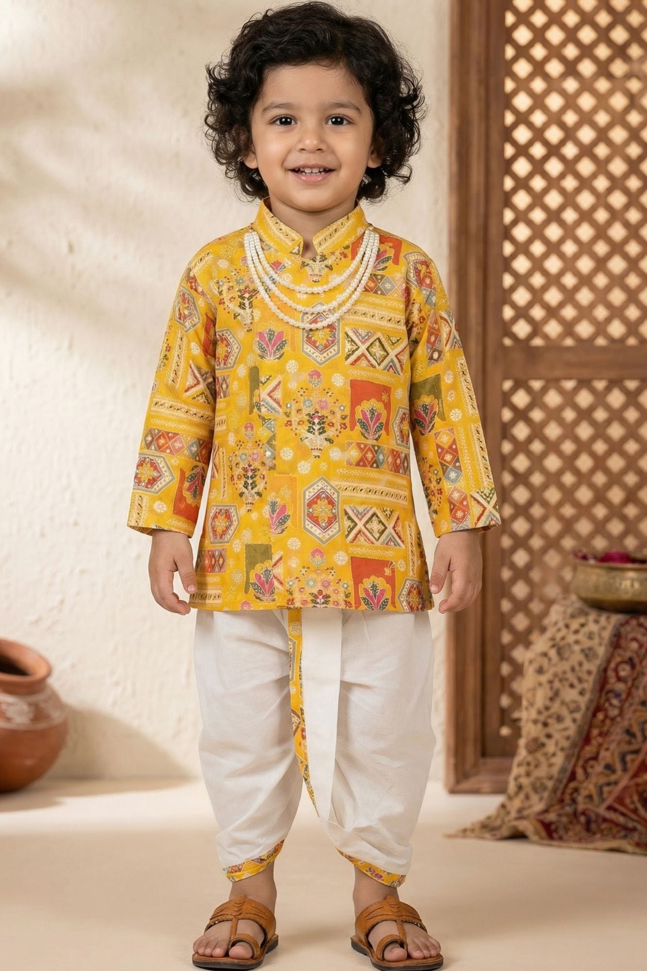 Boys Yellow Printed Cotton Dhoti Set With Mandarin Collar Kurta