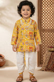 Boys Yellow Printed Cotton Dhoti Set With Mandarin Collar Kurta