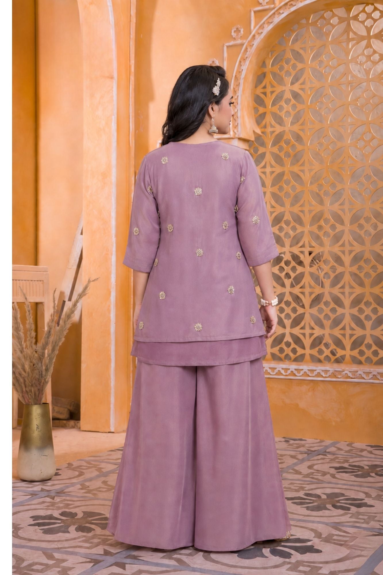 Dusty Lavender Floral Embroidered Palazzo Set with Jacket & Dupatta