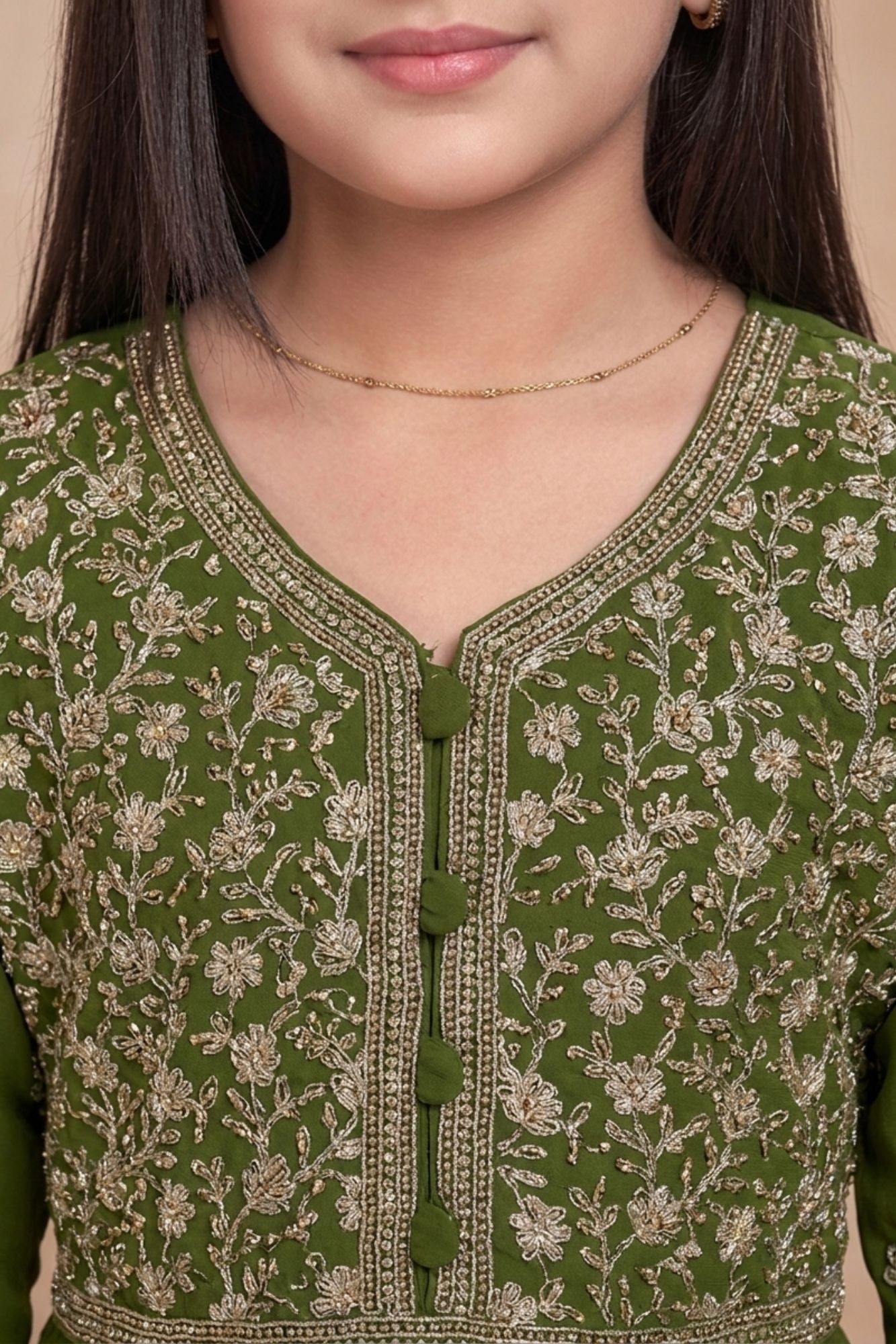 Girls Olive Green Silk Blend Ethnic Gown With Embroidered Neckline And Dupatta