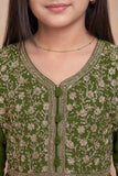 Girls Olive Green Silk Blend Ethnic Gown With Embroidered Neckline And Dupatta