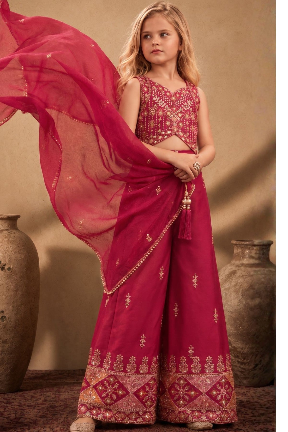 Girls Rani Pink Embroidered Palazzo Set With Dupatta