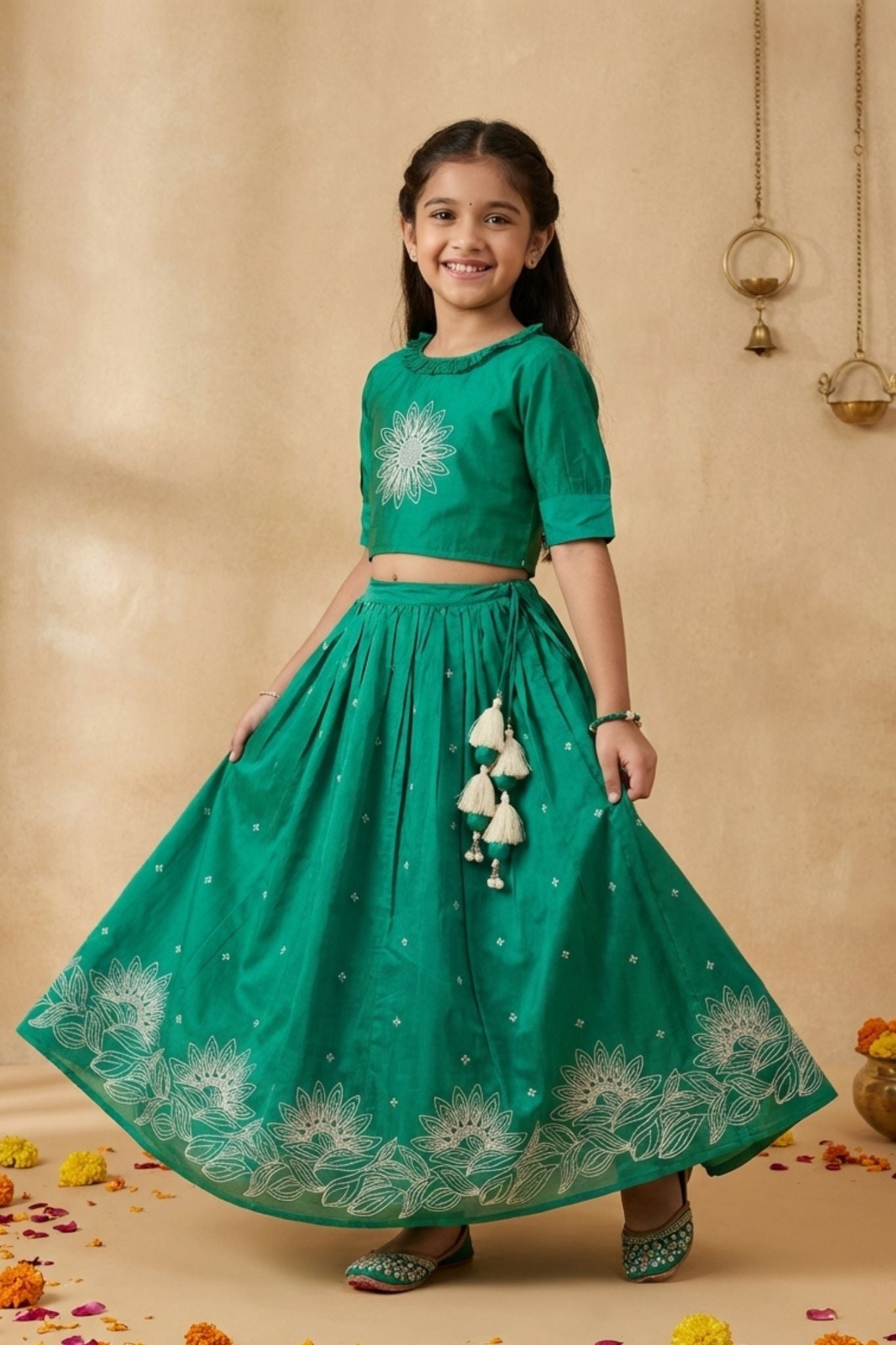 Green Embroidered Lehenga Choli Set For Girls