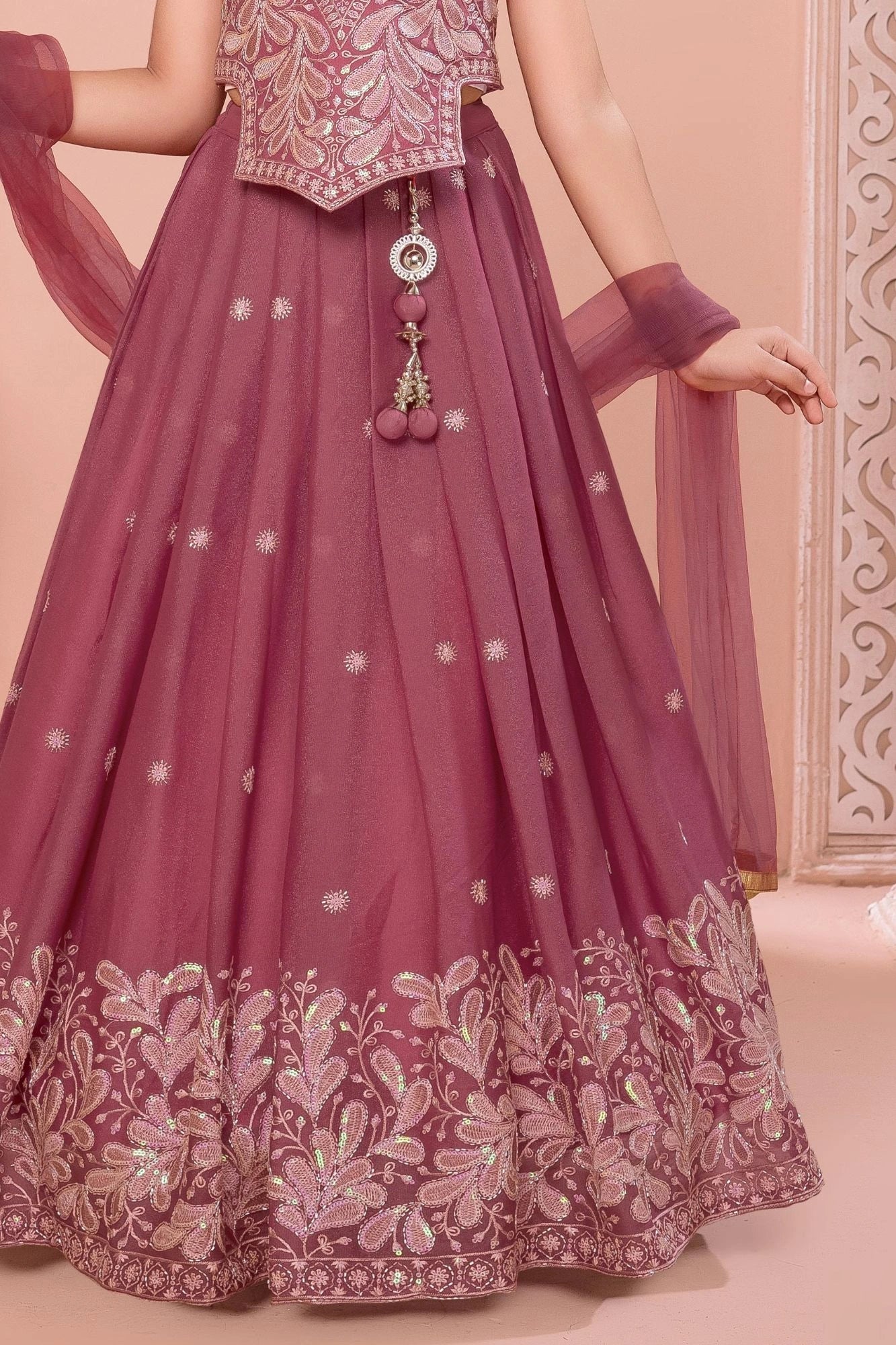 Mauve Ethnic Embroidered Lehenga Choli Set  For Girls