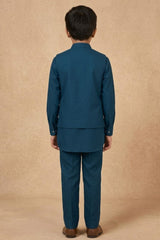 Blue Embroidered Kurta Set With Mandarin Collar For Boys