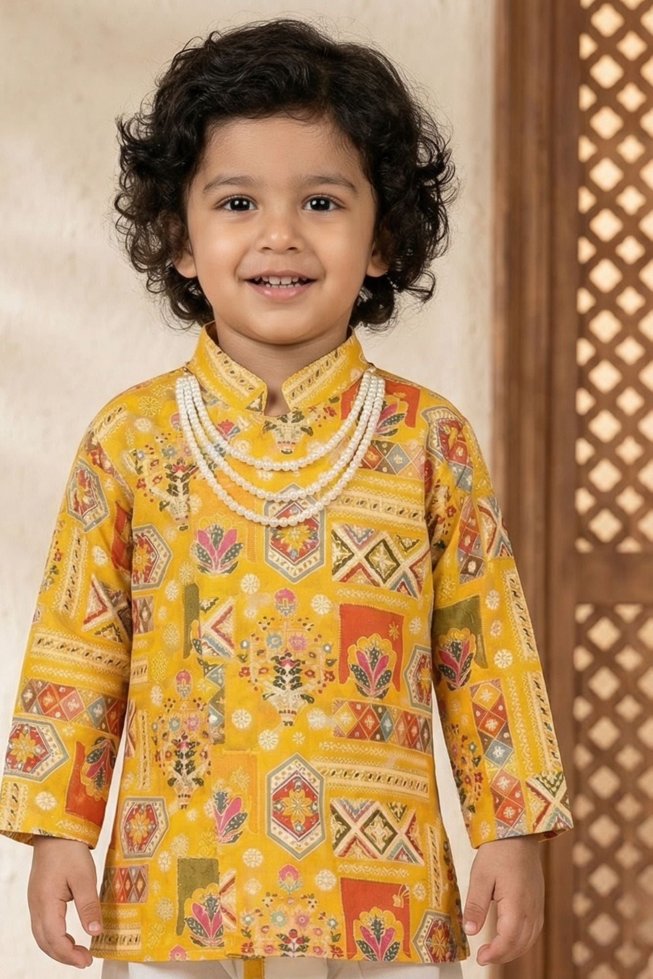 Boys Yellow Printed Cotton Dhoti Set With Mandarin Collar Kurta