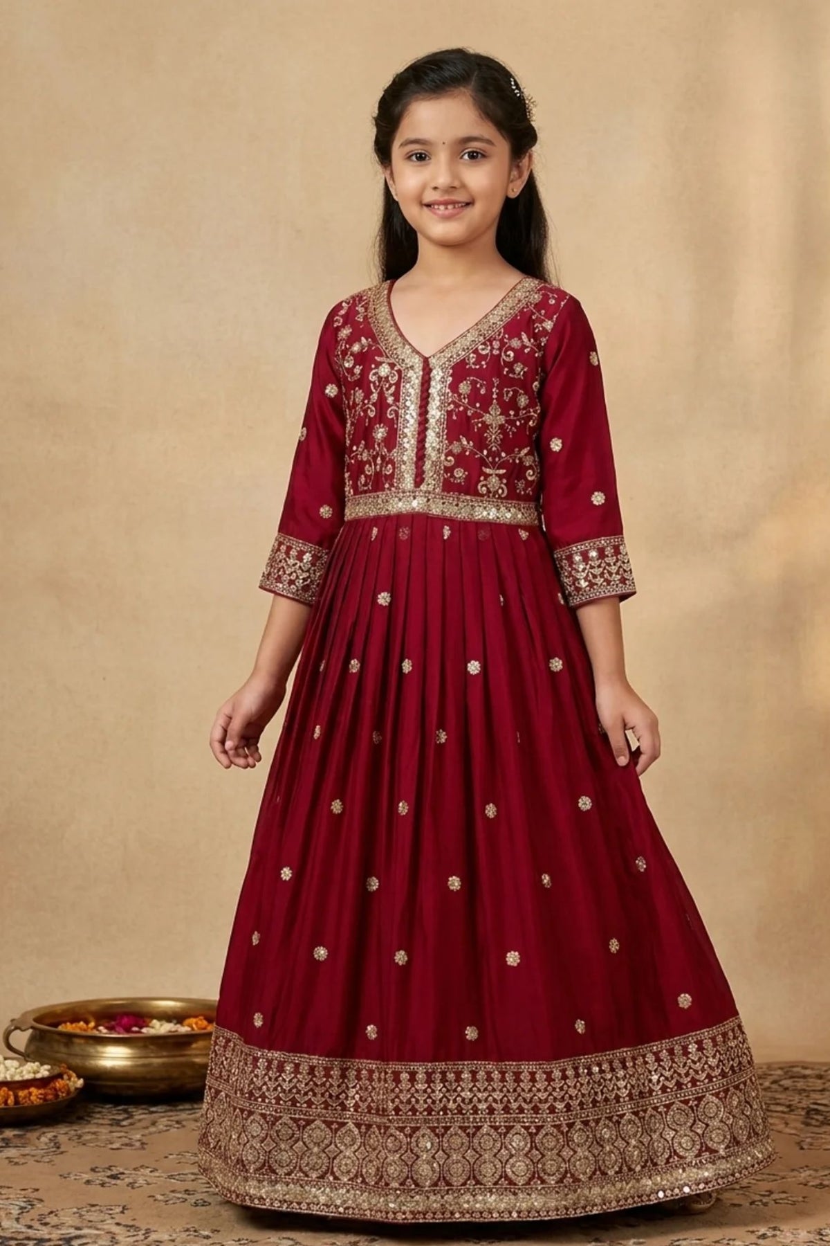 Maroon Sequins Work And Zari Embroidered Ethnic Gown For Girls