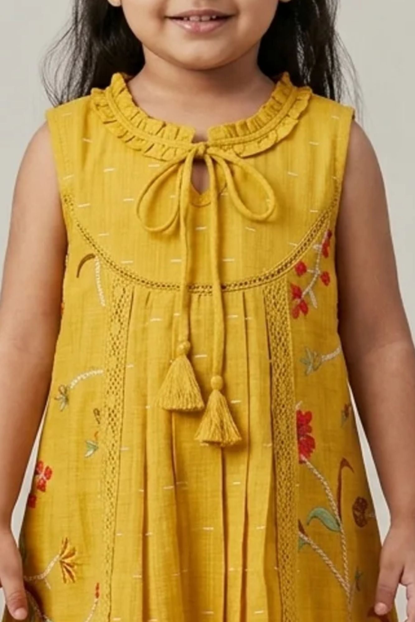Girls Mustard Embroidered Dress with Tie-Up Neck