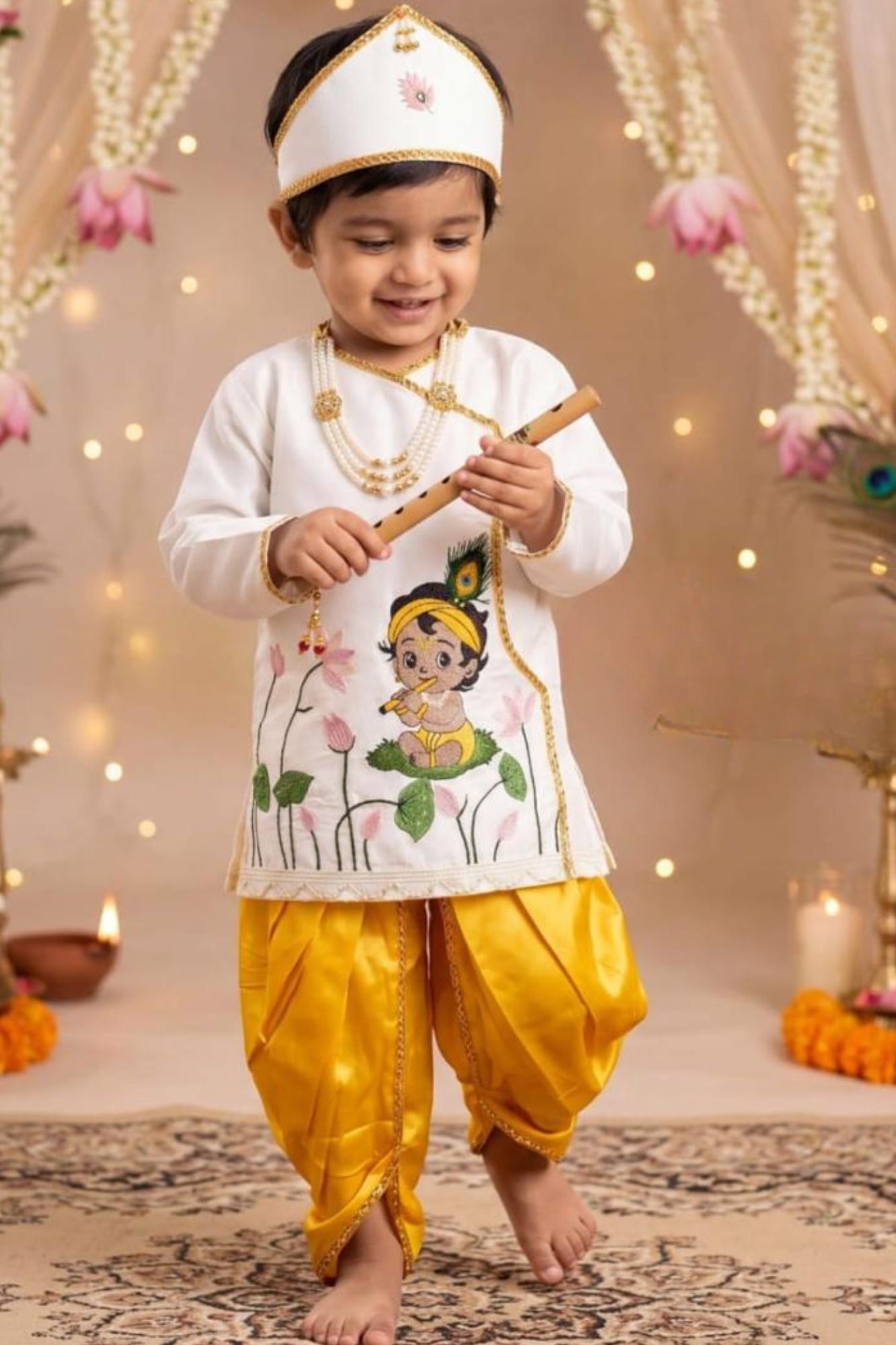 Boys Mustard Yellow And Ivory Krishna Printed Dhoti Set with Accessories