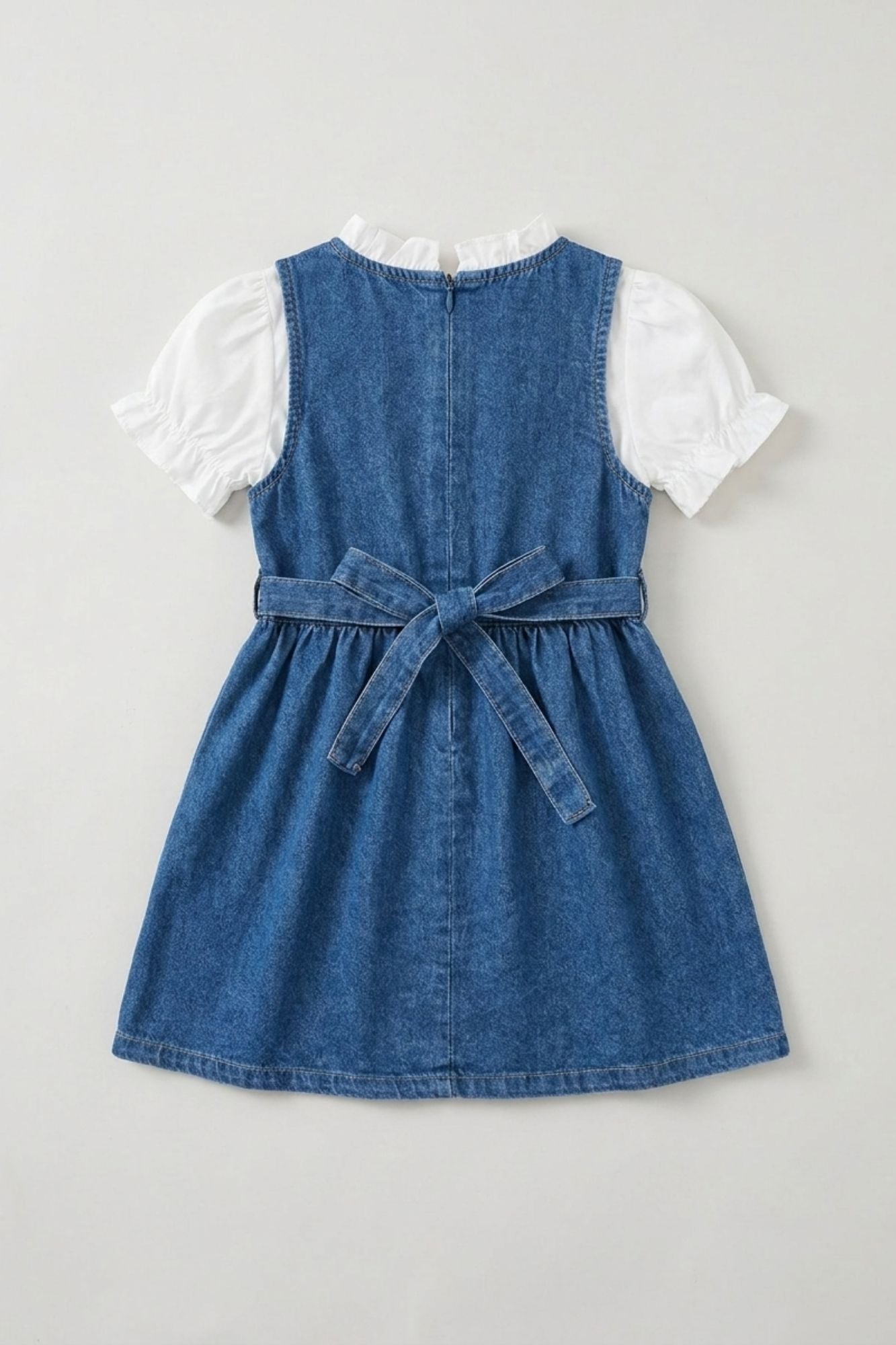 Girls Blue Denim Embroidered Fit And Flare Dress With White Top