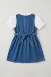 Girls Blue Denim Embroidered Fit And Flare Dress With White Top