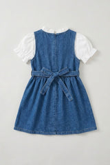 Girls Blue Denim Embroidered Fit And Flare Dress With White Top