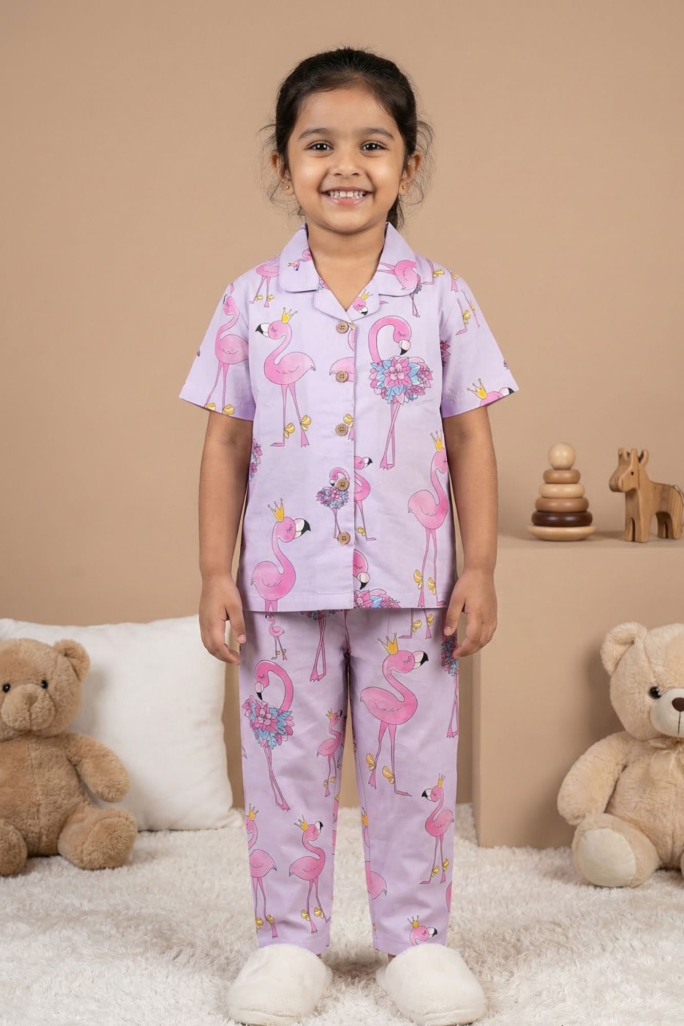 Lilac Flamingo Print Cotton Night Suit Set For Girls