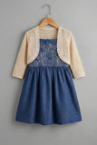 Denim Blue Embroidered Dress With Crochet Shrug For Girls