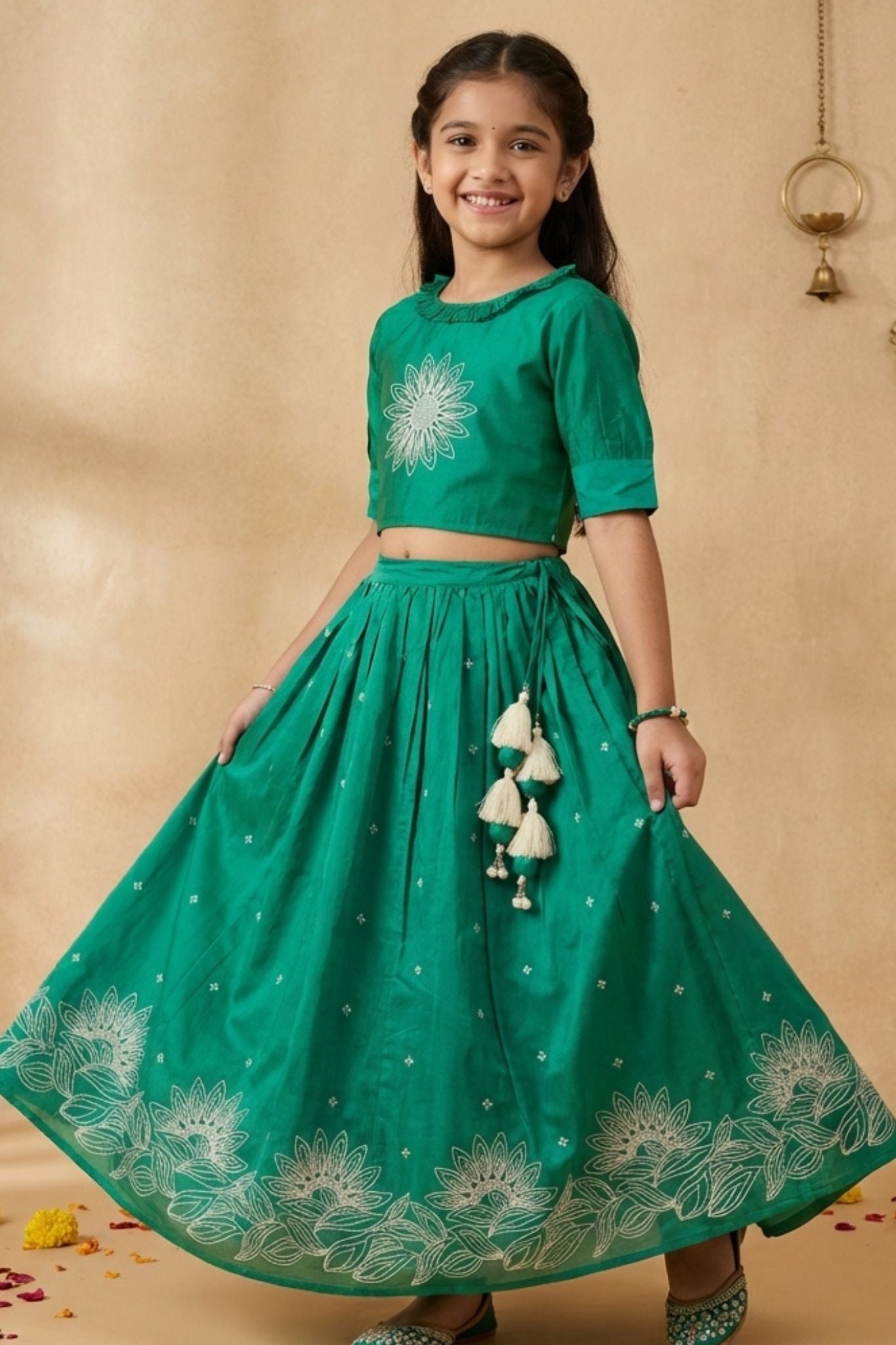 Green Embroidered Lehenga Choli Set For Girls