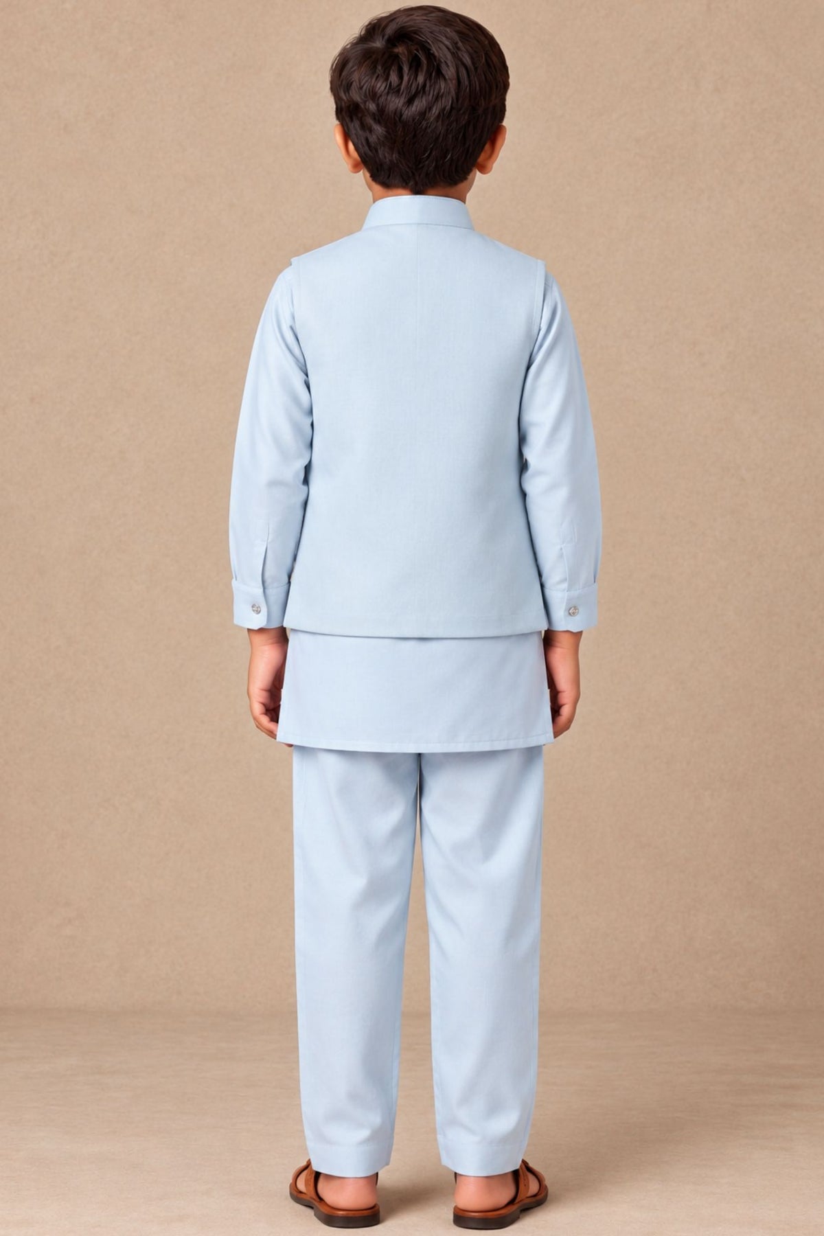 Boys Powder Blue Floral Embroidered Kurta Set With Jacket