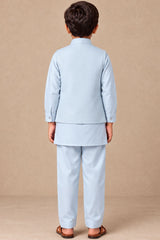 Boys Powder Blue Floral Embroidered Kurta Set With Jacket