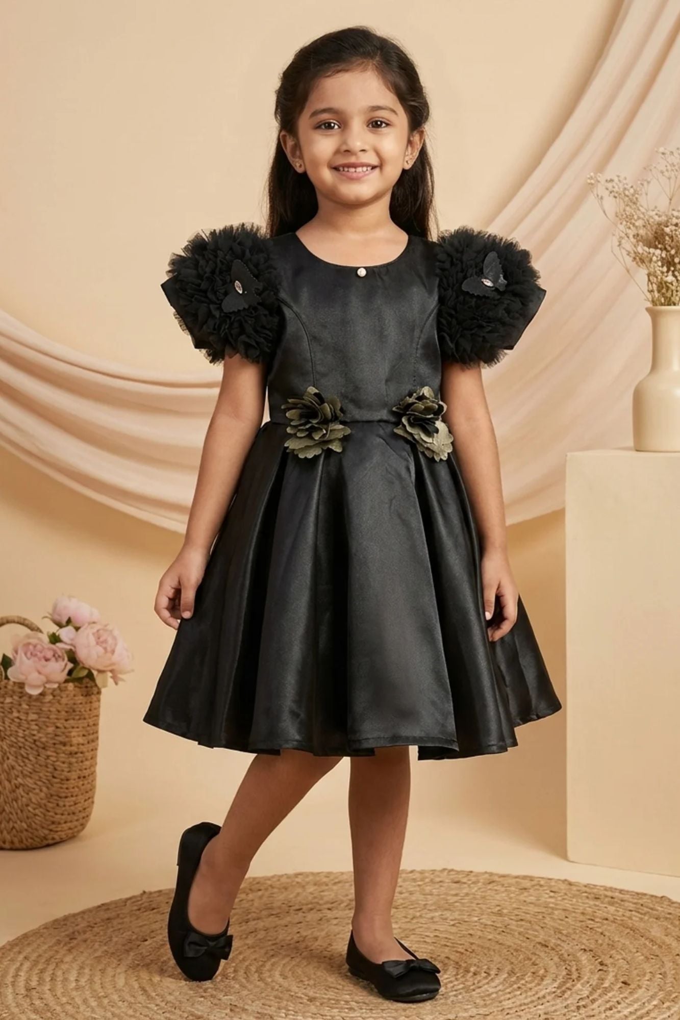 Girls Black Floral Embellished Party Wear Frock