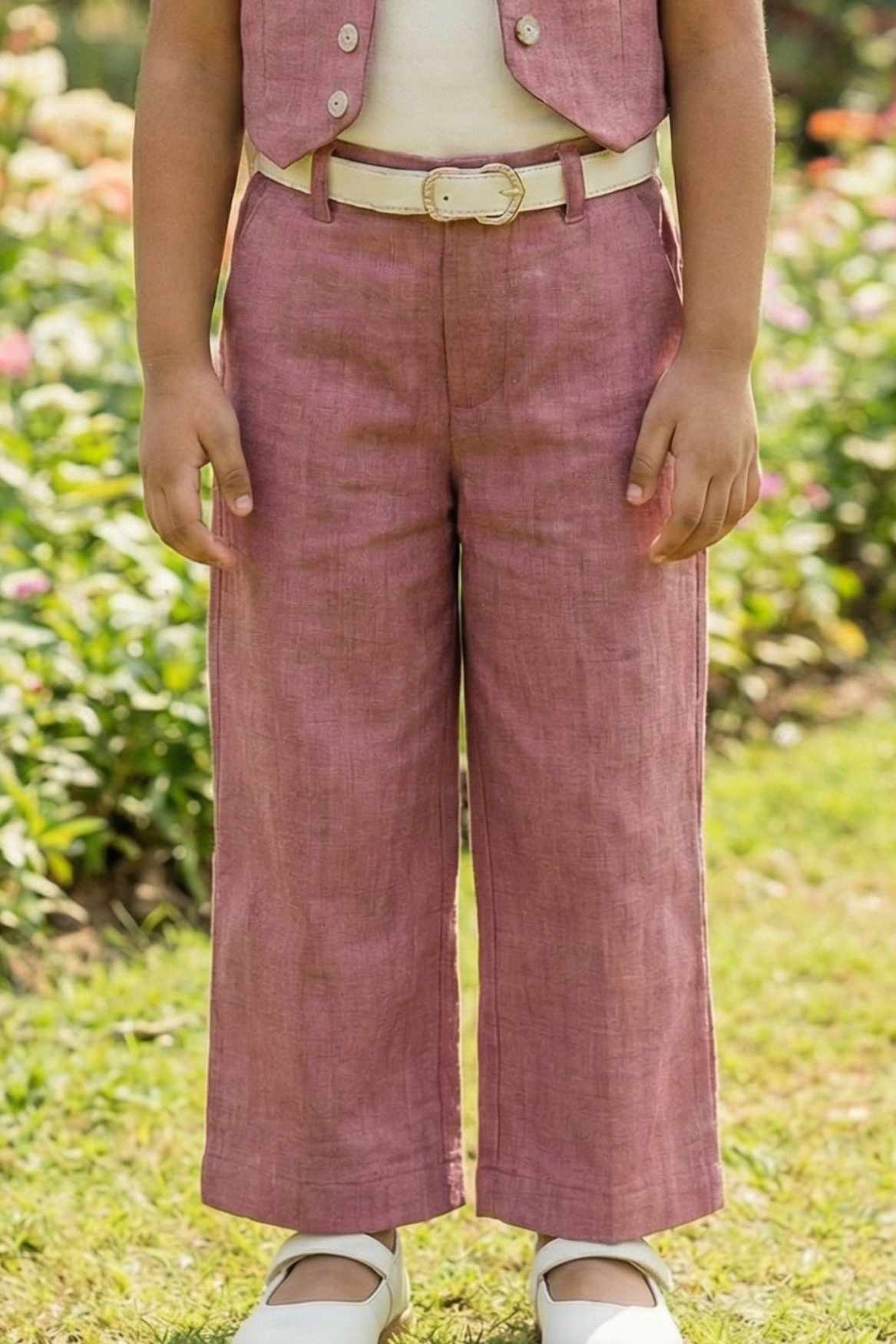 Pink Co-ord Set with Waistcoat And Belted Pants For Girls