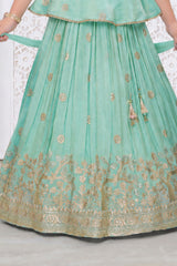 Girls Elegant Aqua Green With Gold Embroidered Lehenga Choli Set