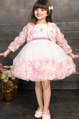 White Frock With Pink Floral Embellished For Girls