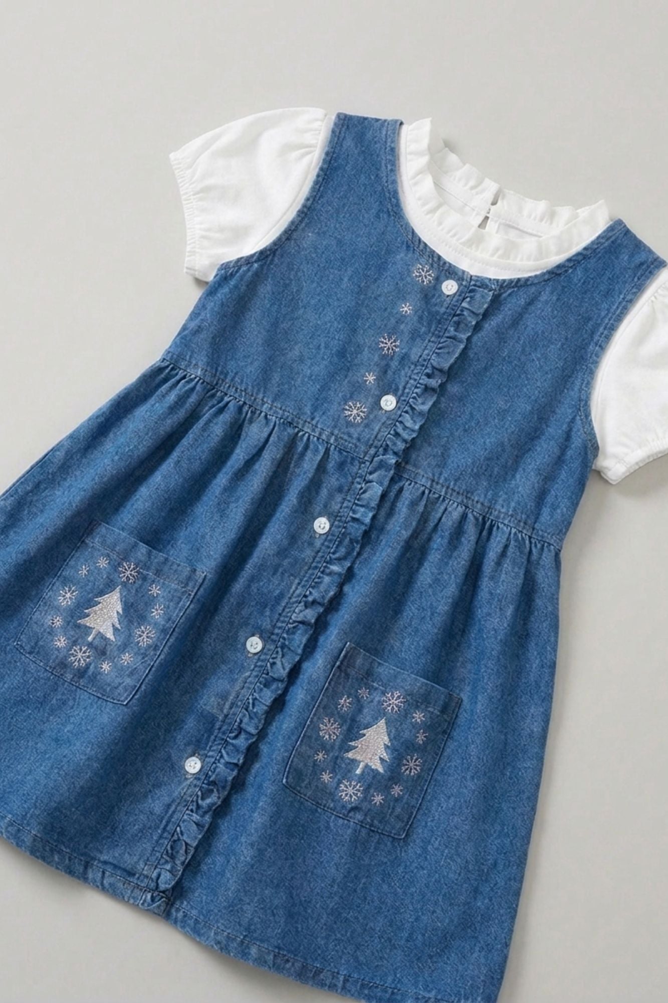 Girls Blue Denim Embroidered Fit And Flare Dress With White Top