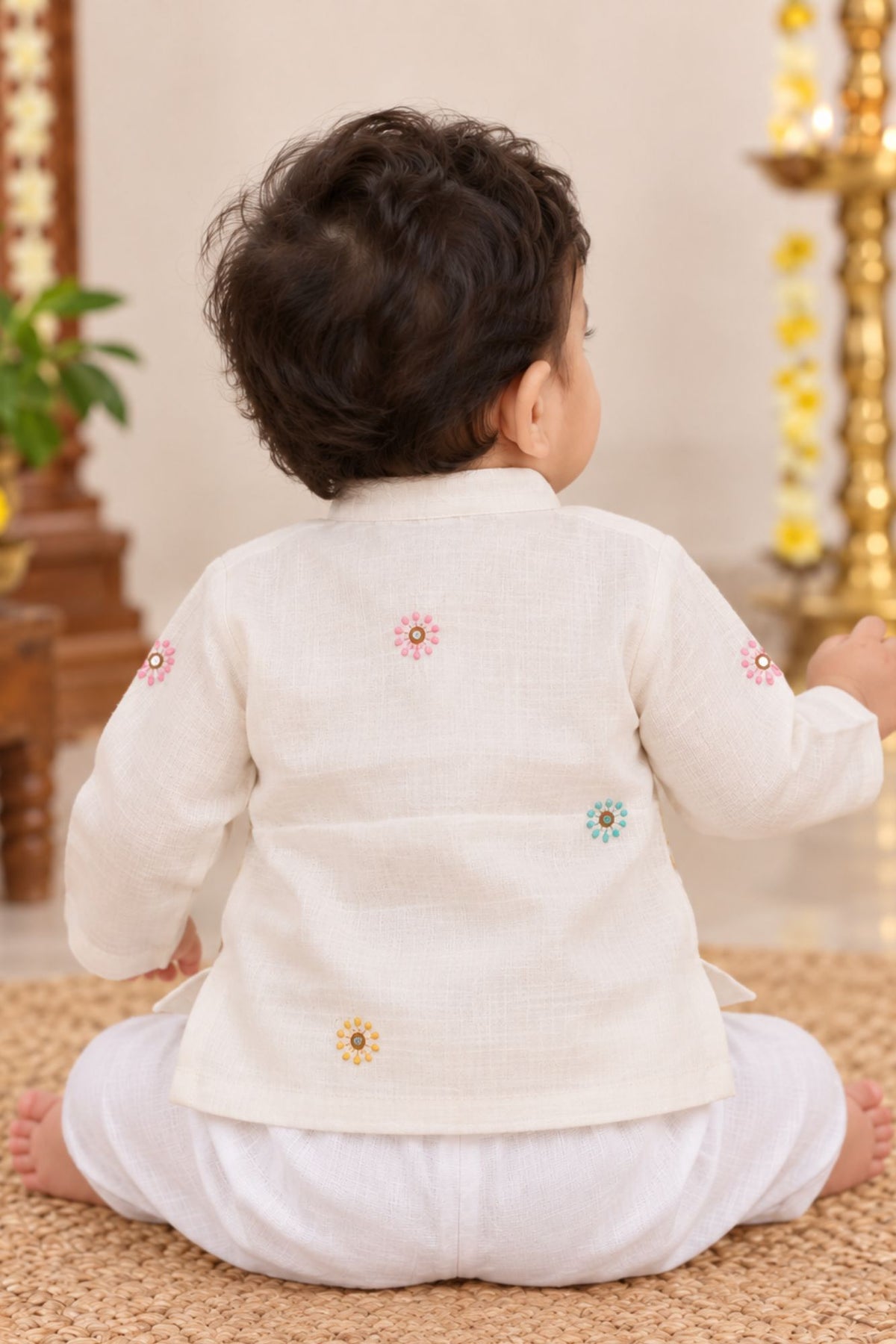Boys Cream Embroidered Kurta Pant Set