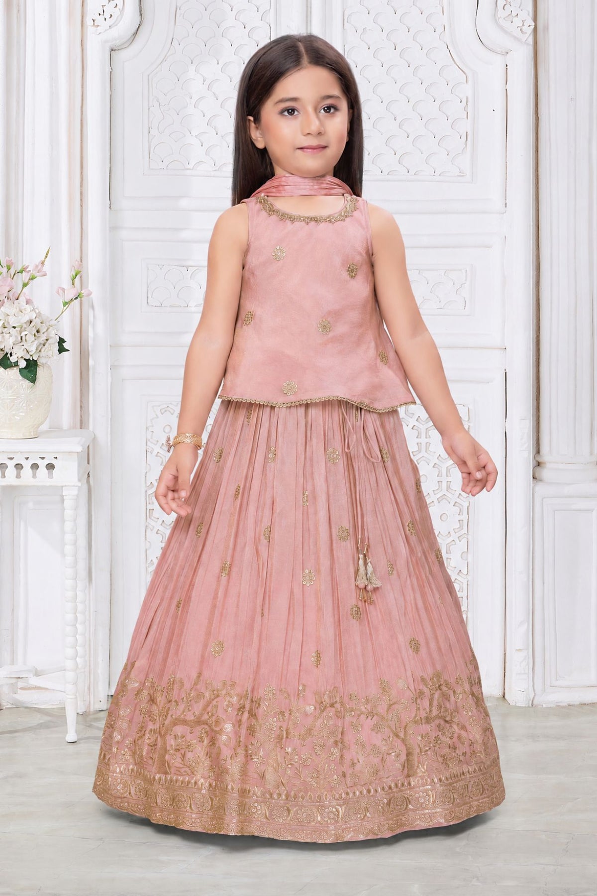 Girls Elegant Peach With Gold Embroidered Lehenga Choli Set