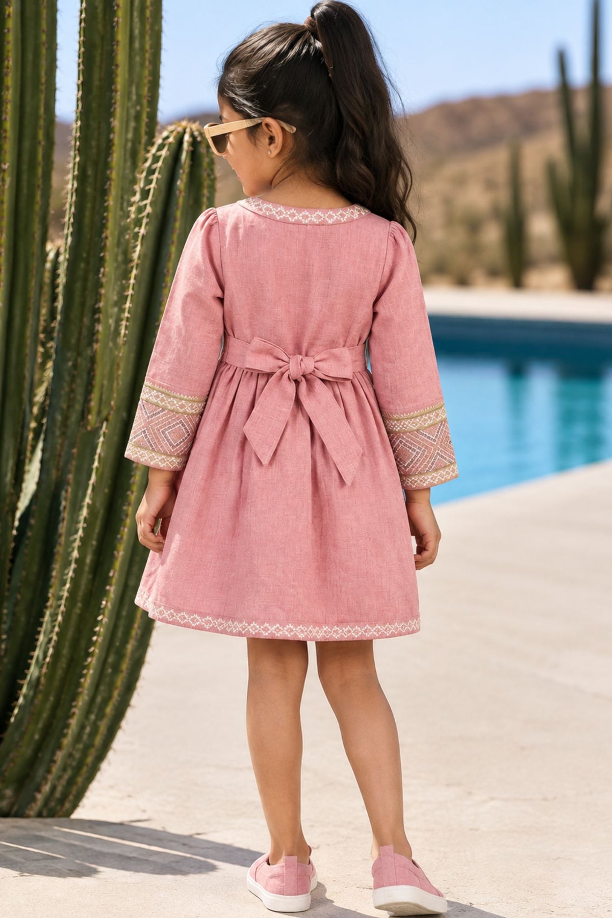 Baby Pink Textured Cotton Dress with Embroidered Border For Girls