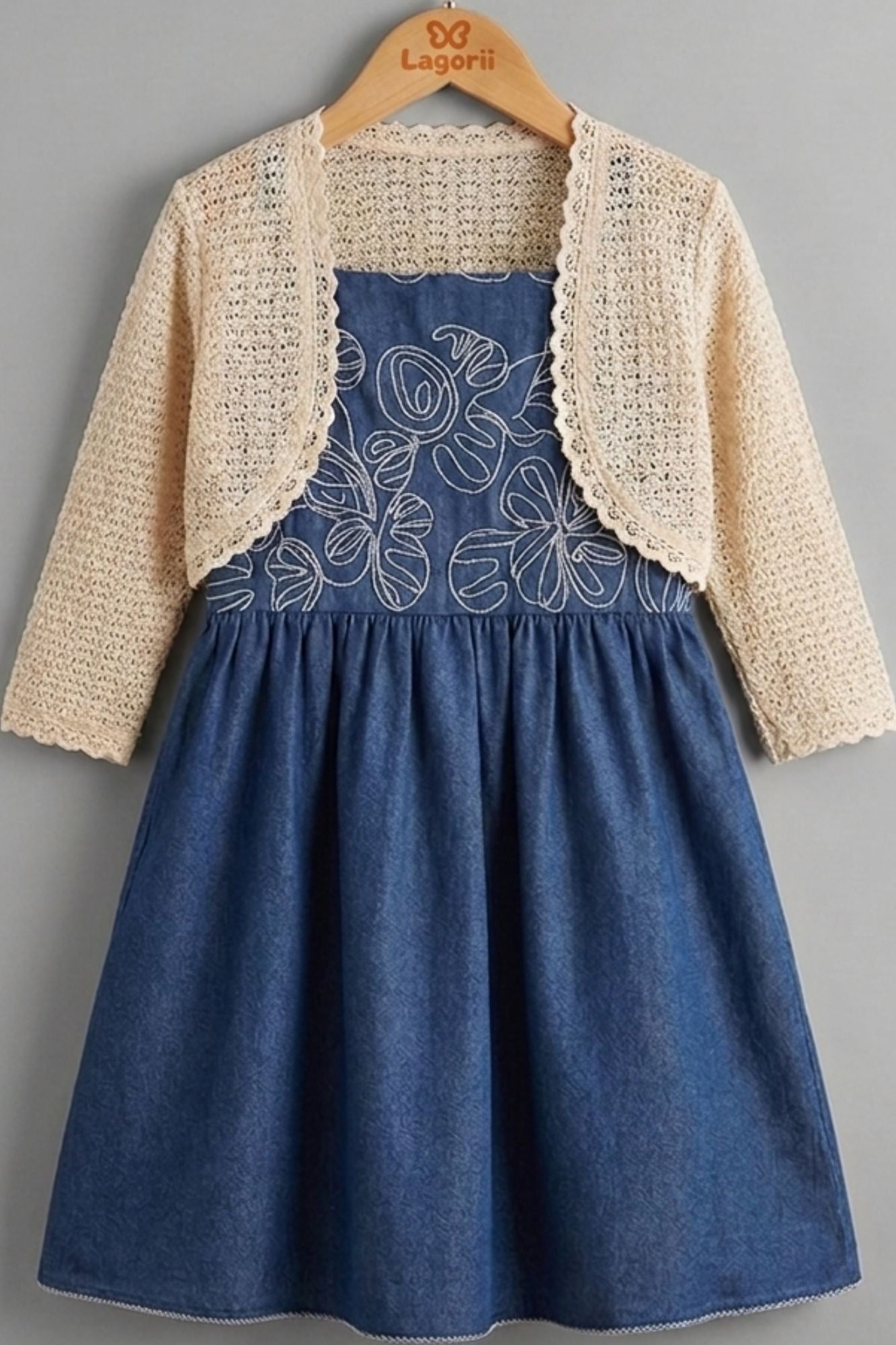 Denim Blue Embroidered Dress With Crochet Shrug For Girls – Lagorii Kids