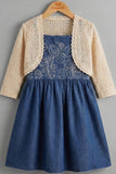 Denim Blue Embroidered Dress With Crochet Shrug For Girls